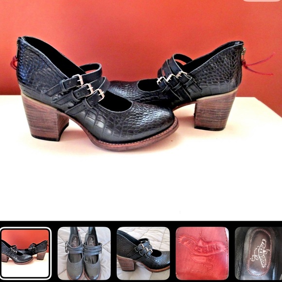 Freebird LEATHER Black Croc-Embossed MARY JANE Heels PUMPS 3 strap LIKE NEW - Picture 2 of 15